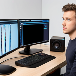 A professional live commerce streamer in a modern, well-equipped studio. Their main monitor displays a subtle buffering icon or a momentarily frozen screen, indicating a technical glitch. The streamer, however, maintains a calm and focused expression, confidently reaching for a pre-prepared backup device like a mobile hotspot or a spare microphone. The desk is organized, showcasing both primary and redundant equipment, emphasizing preparedness and swift problem-solving in a live environment.