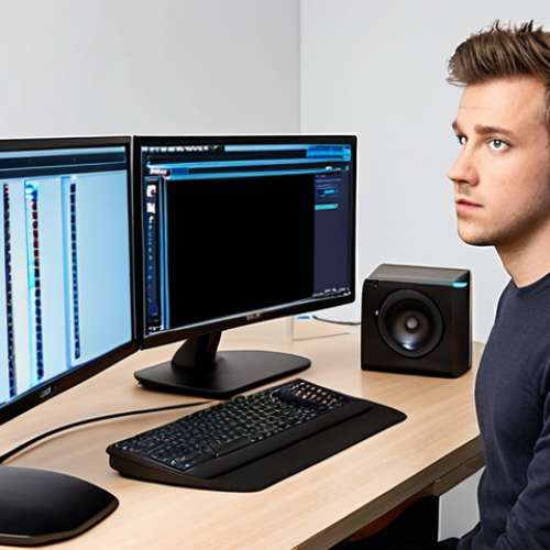 Home 18 A professional live commerce streamer in a modern, well-equipped studio. Their main monitor displays a subtle buffering icon or a momentarily frozen screen, indicating a technical glitch. The streamer, however, maintains a calm and focused expression, confidently reaching for a pre-prepared backup device like a mobile hotspot or a spare microphone. The desk is organized, showcasing both primary and redundant equipment, emphasizing preparedness and swift problem-solving in a live environment.