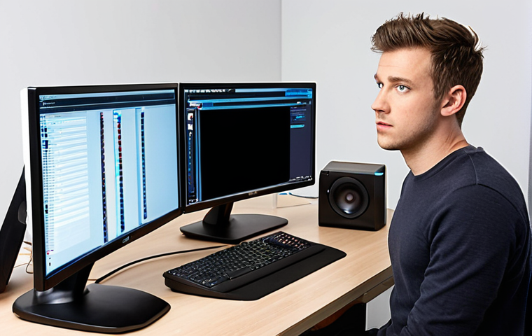A professional live commerce streamer in a modern, well-equipped studio. Their main monitor displays a subtle buffering icon or a momentarily frozen screen, indicating a technical glitch. The streamer, however, maintains a calm and focused expression, confidently reaching for a pre-prepared backup device like a mobile hotspot or a spare microphone. The desk is organized, showcasing both primary and redundant equipment, emphasizing preparedness and swift problem-solving in a live environment.
