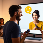 A charismatic live commerce host passionately presenting a product on a large, glowing screen. In the foreground, diverse individuals, smiling and engaged, watch on their personal devices (smartphones, tablets, laptops), surrounded by subtle chat bubbles and positive emoji reactions, creating an atmosphere of genuine connection, trust, and community. Realistic, warm lighting.