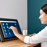 A diverse professional in a smart, modest business casual outfit, seated at a sleek modern desk in a bright, minimalist home office. The person is looking intently at a tablet, where a vibrant live commerce stream featuring a beautifully designed product, such as a sophisticated smart speaker or unique artisanal coffee maker, is prominently displayed. The scene suggests a personalized discovery via an algorithm, capturing a moment of engaged curiosity. The atmosphere is calm and focused. fully clothed, appropriate attire, safe for work, family-friendly, perfect anatomy, correct proportions, natural pose, well-formed hands, proper finger count, natural body proportions, professional studio lighting, high resolution, soft bokeh.