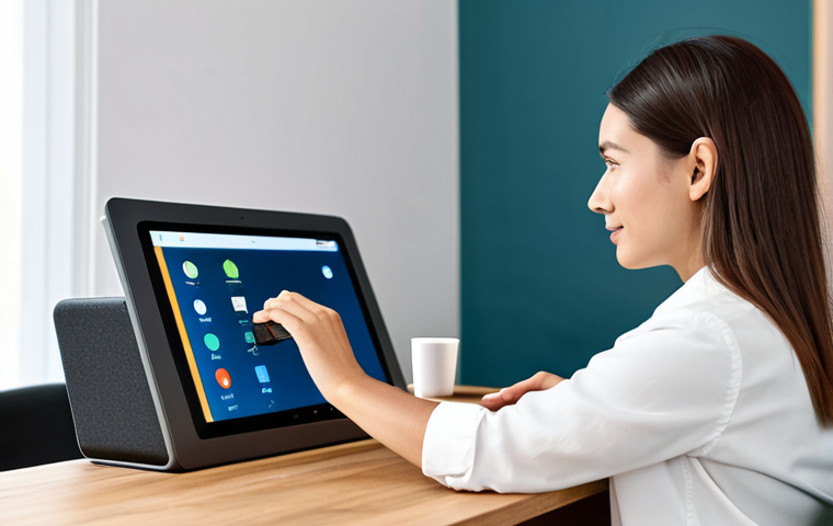 A diverse professional in a smart, modest business casual outfit, seated at a sleek modern desk in a bright, minimalist home office. The person is looking intently at a tablet, where a vibrant live commerce stream featuring a beautifully designed product, such as a sophisticated smart speaker or unique artisanal coffee maker, is prominently displayed. The scene suggests a personalized discovery via an algorithm, capturing a moment of engaged curiosity. The atmosphere is calm and focused. fully clothed, appropriate attire, safe for work, family-friendly, perfect anatomy, correct proportions, natural pose, well-formed hands, proper finger count, natural body proportions, professional studio lighting, high resolution, soft bokeh.