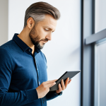 A professional live commerce strategist in a modest business casual outfit, intently analyzing customer feedback and engagement data on a sleek tablet. The background features a modern, clean office environment with warm, natural lighting. The strategist has a thoughtful and focused expression, embodying dedication to customer understanding and follow-up. fully clothed, appropriate attire, safe for work, perfect anatomy, correct proportions, natural pose, well-formed hands, proper finger count, natural body proportions, professional photography, high quality, family-friendly.